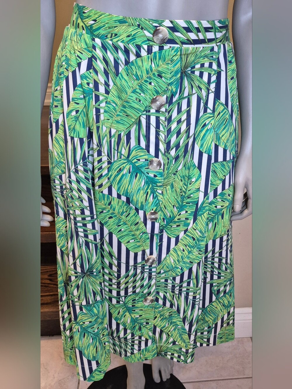 Rafaella Navy & White Striped Midi Skirt with Green Leaf Print